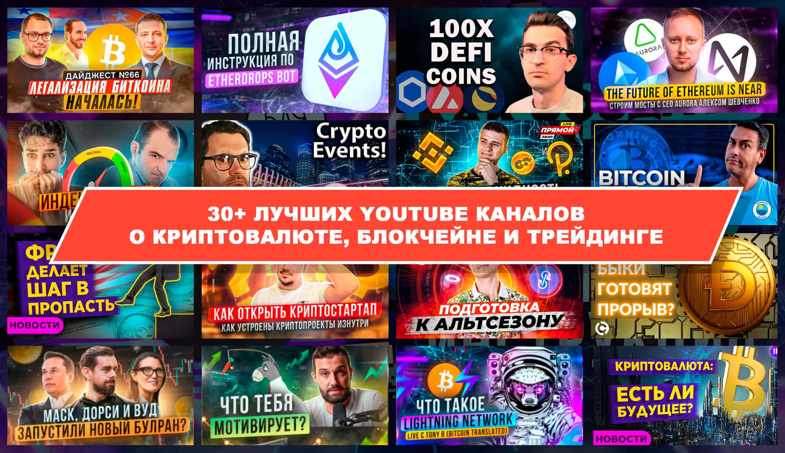 30+ лучших YouTube каналов о криптовалюте, блокчейне и трейдинге. Заглавный коллаж статьи.