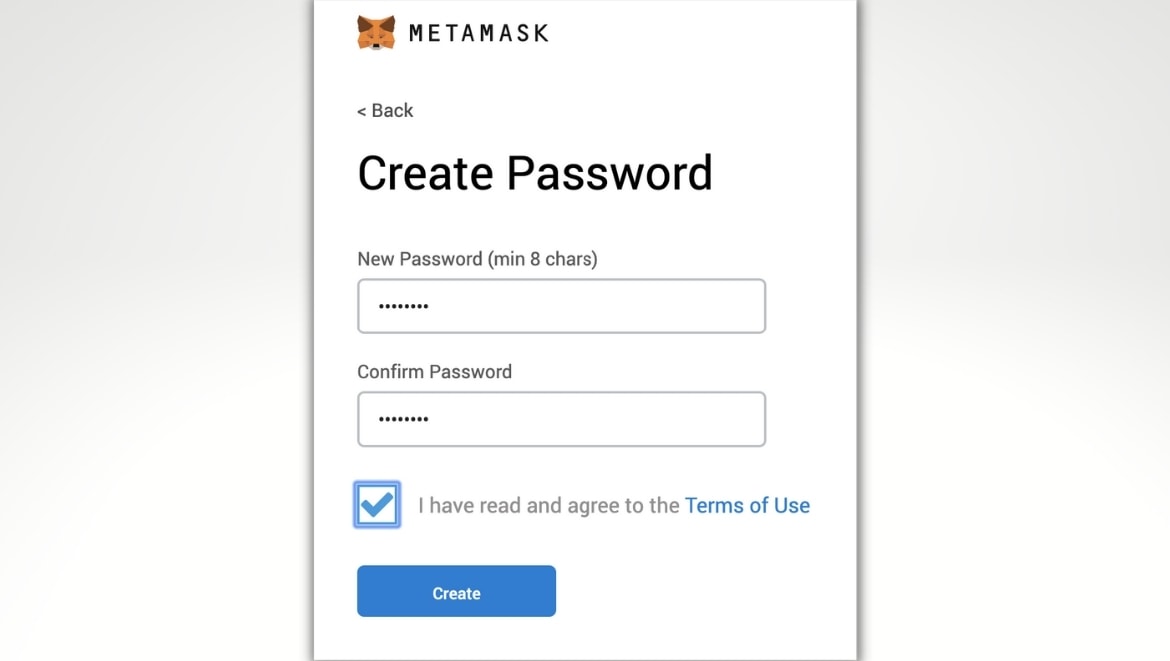 Окно создания пароля Metamask.
