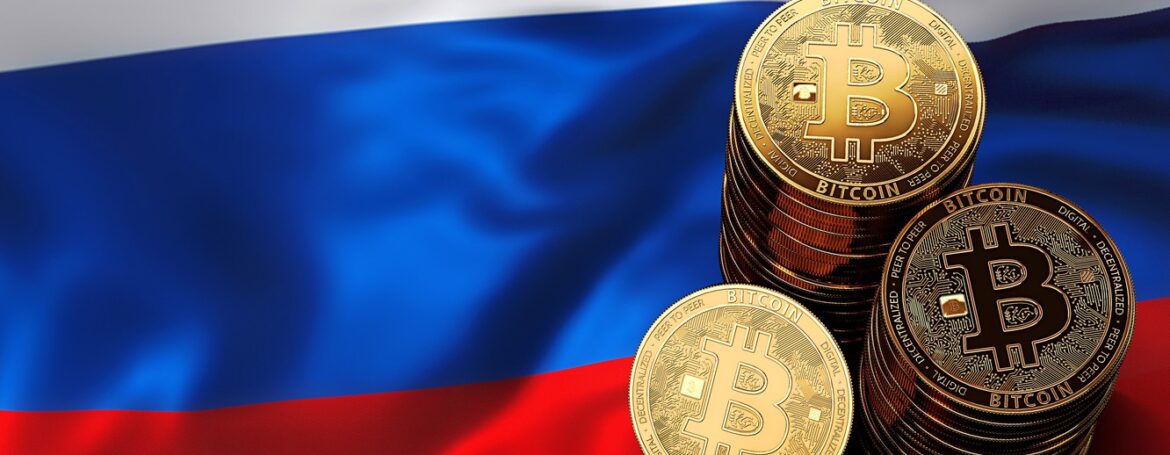 Флаг России и криптовалюты.