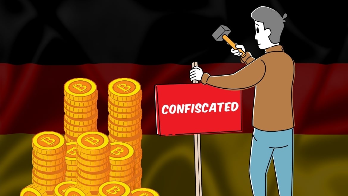 В Германии проводят аукцион по продаже конфискованных биткоинов. Заглавный коллаж новости.
