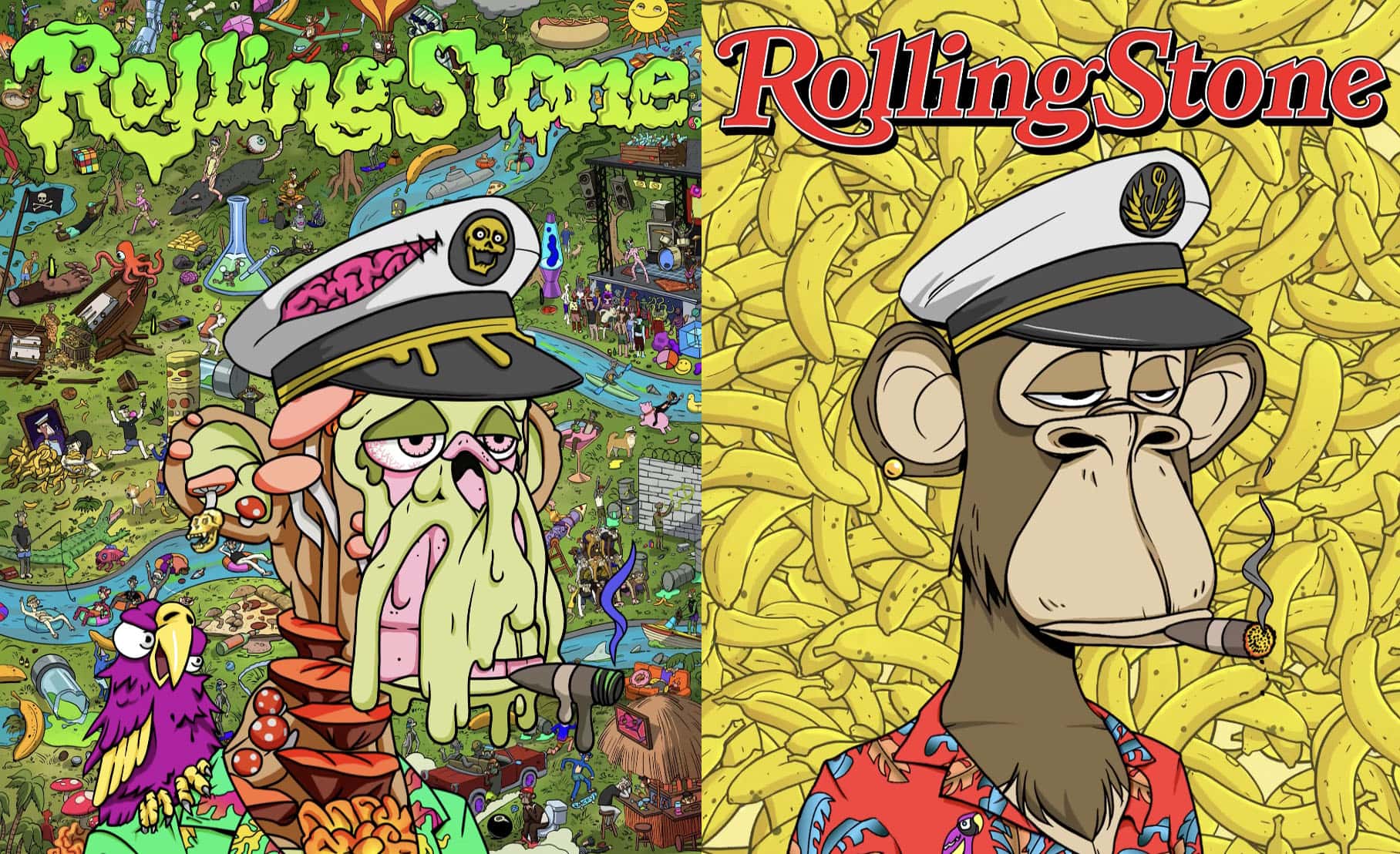 The Bored Apes выпустили NFT коллаборацию с Rolling Stone. Заглавный коллаж новости.