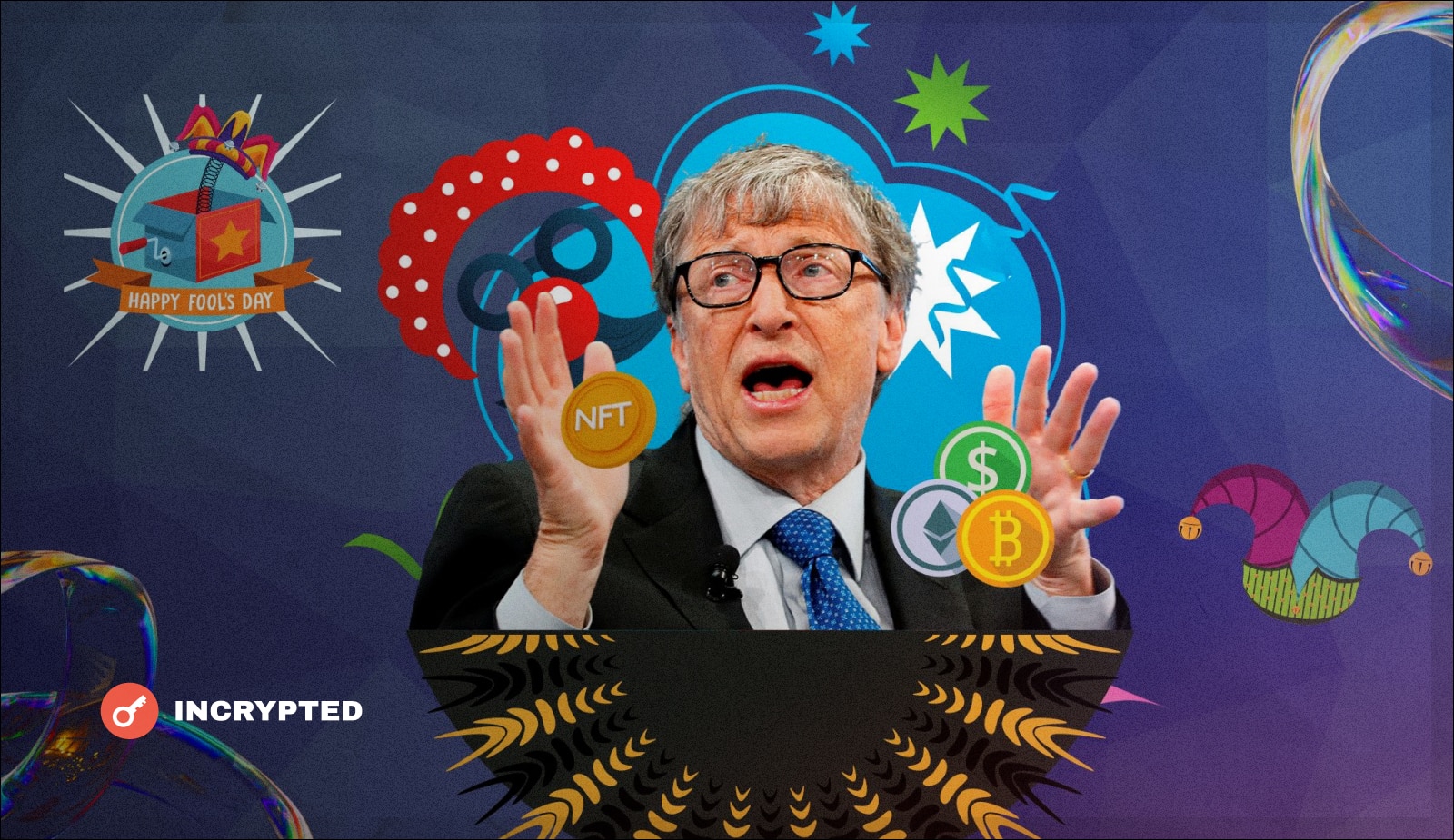 Билл Гейтс: “Криптовалюты и NFT основаны на принципах Теории большего дурака”. Заглавный коллаж новости.