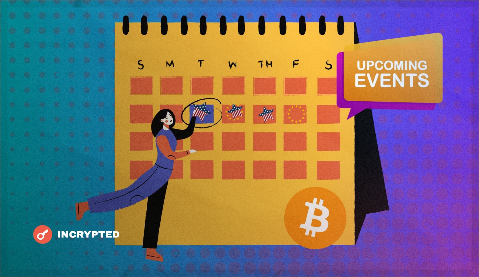 Экономический календарь: какие события могут повлиять на курс биткоина? Заглавный коллаж новости.