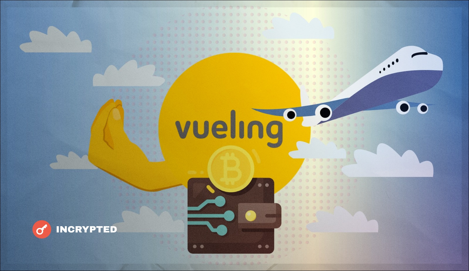 Испанская авиакомпания Vueling начнет принимать криптовалюты. Заглавный коллаж новости.
