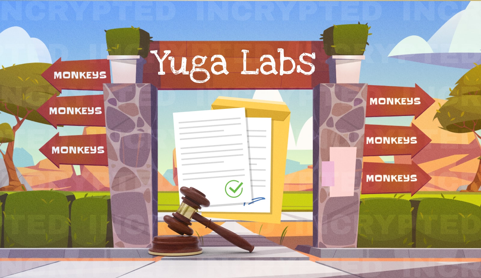 На Yuga Labs подают в суд. Токены BAYC могут признать ценными бумагами. Заглавный коллаж новости.