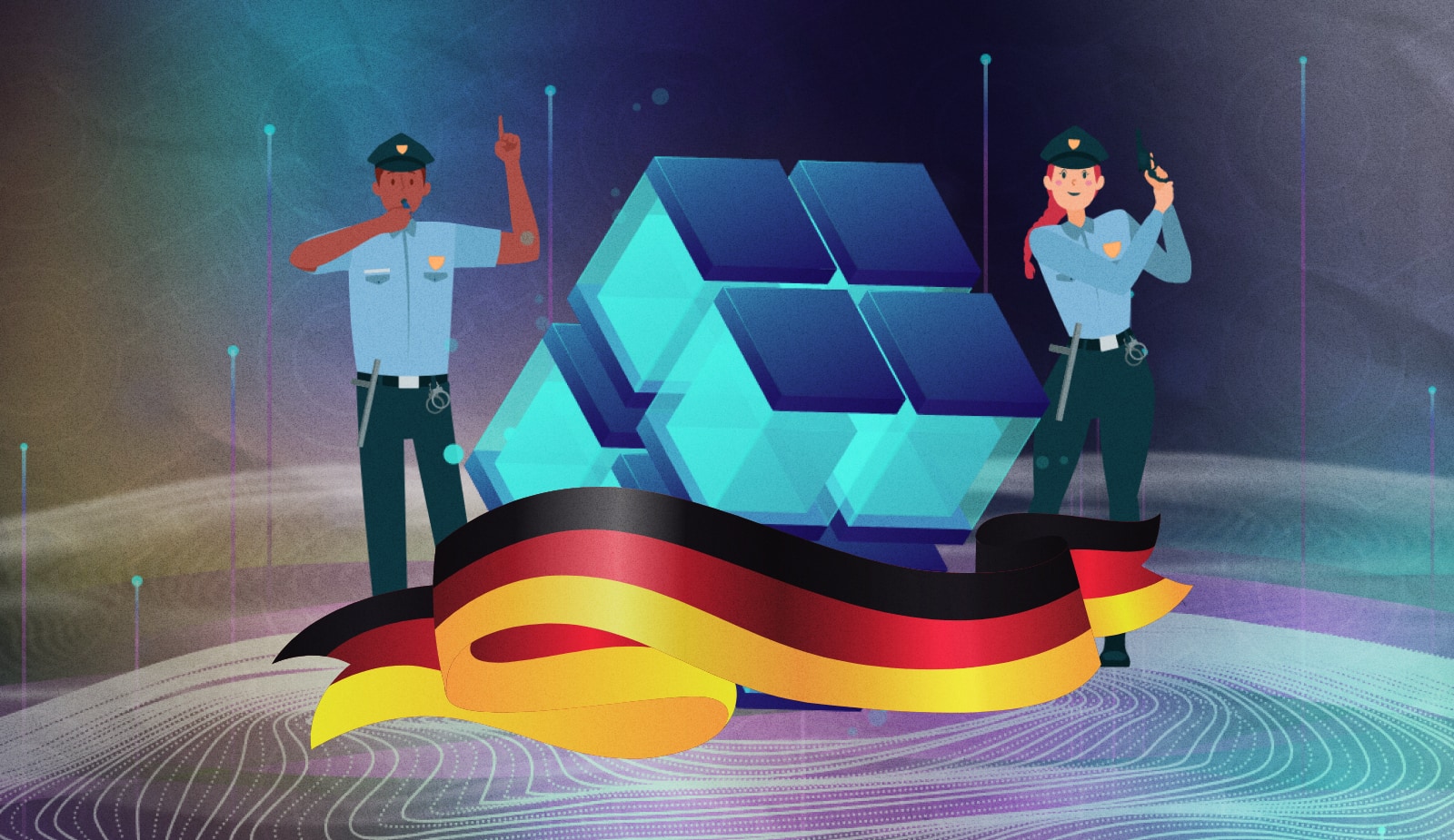 В Германии регулятор рассматривает возможность использования блокчейна для борьбы с киберпреступлениями. Заглавный коллаж новости.