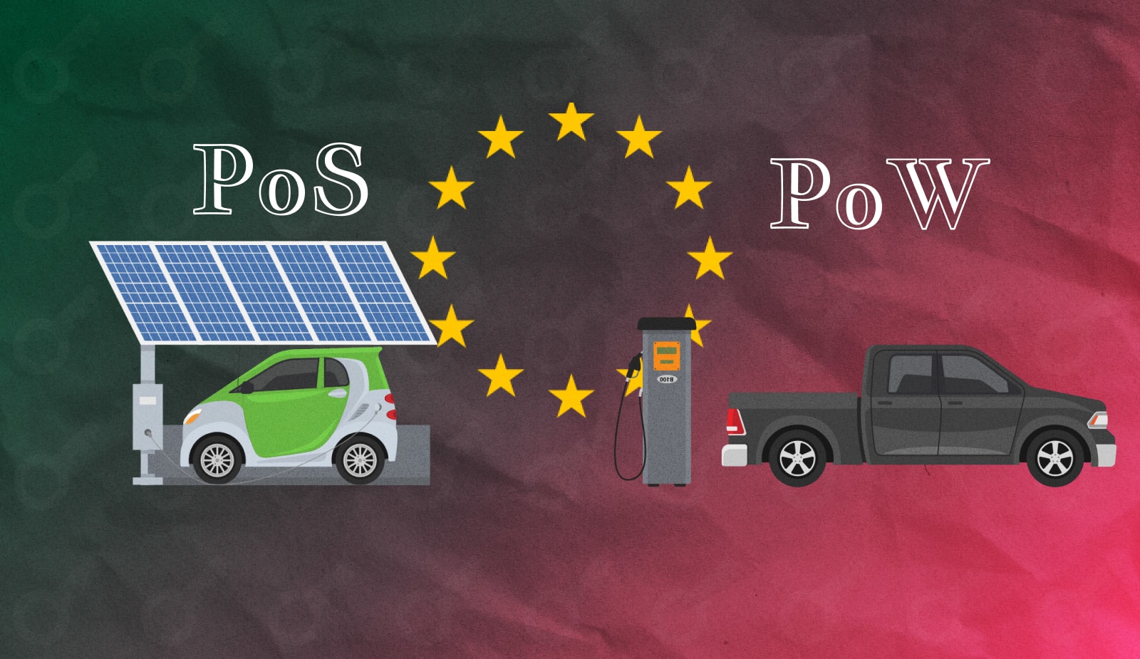 ЕЦБ: “PoW-блокчейны можно сравнить с машинами на бензине, тогда как PoS-аналоги – это электрокары”. Заглавный коллаж новости.