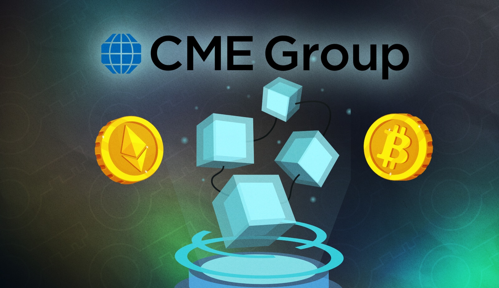 CME Group запустили новые фьючерсы на биткоин и эфир. Заглавный коллаж новости.