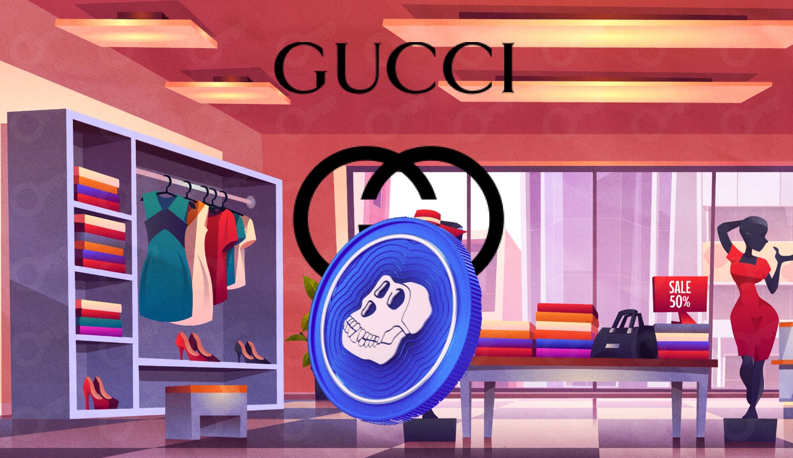 Теперь Gucci будет принимать ApeCoin. Заглавный коллаж новости.