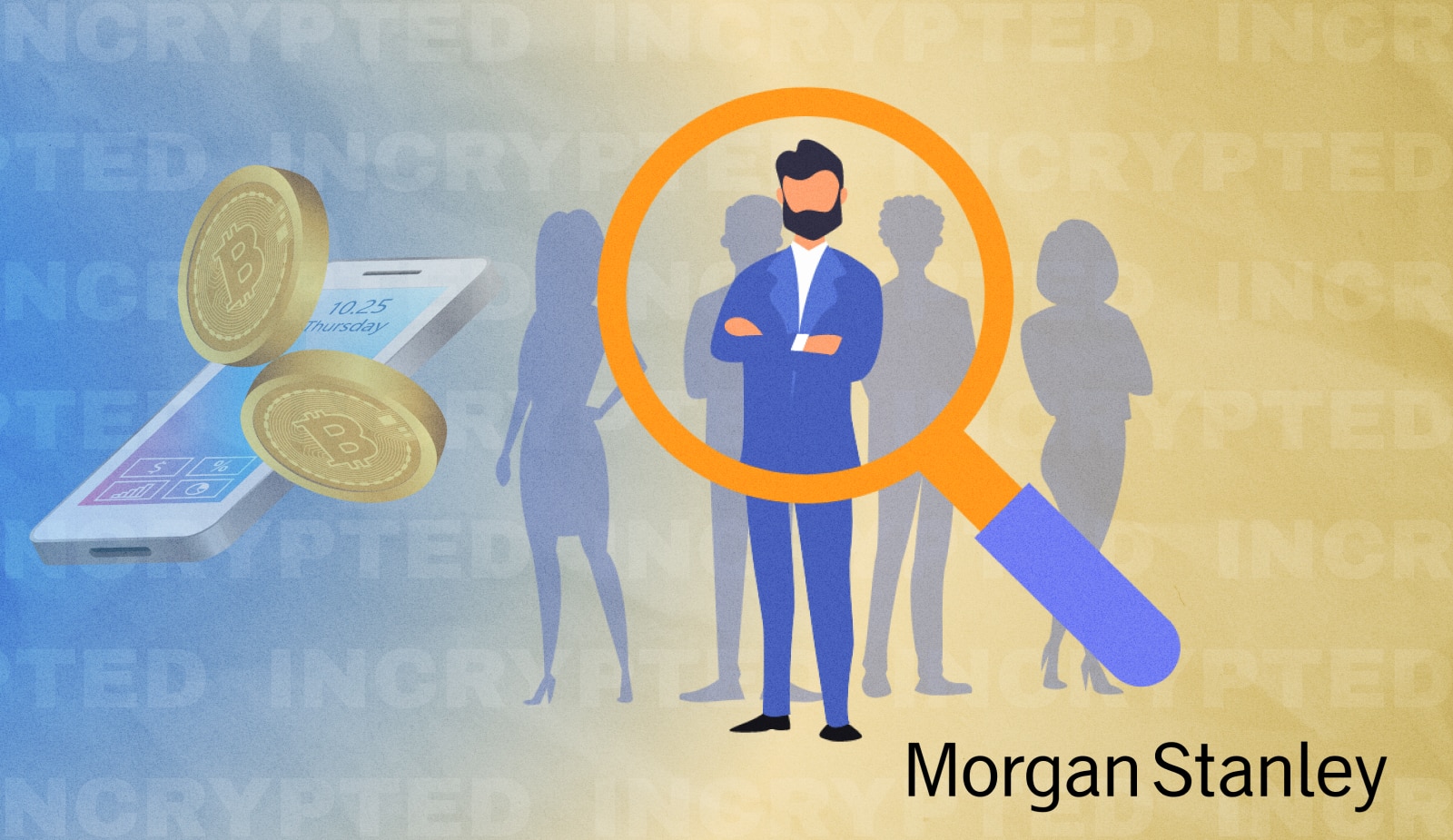 Morgan Stanley открыл новую вакансию. Банк планирует добавить больше криптовалютных продуктов в перечень услуг. Заглавный коллаж новости.