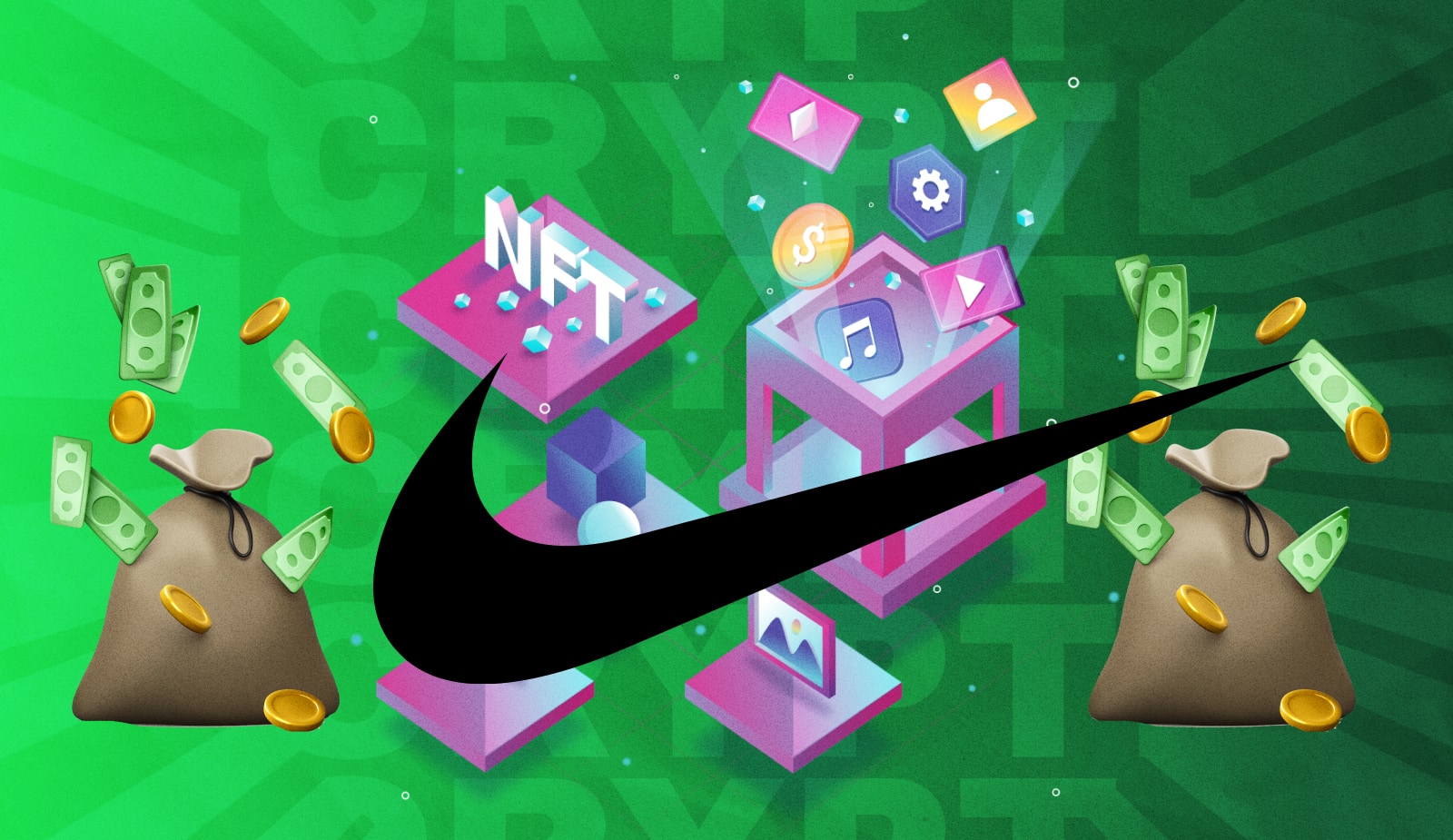 Nike заработал $185 млн на продажах NFT. Заглавный коллаж новости.