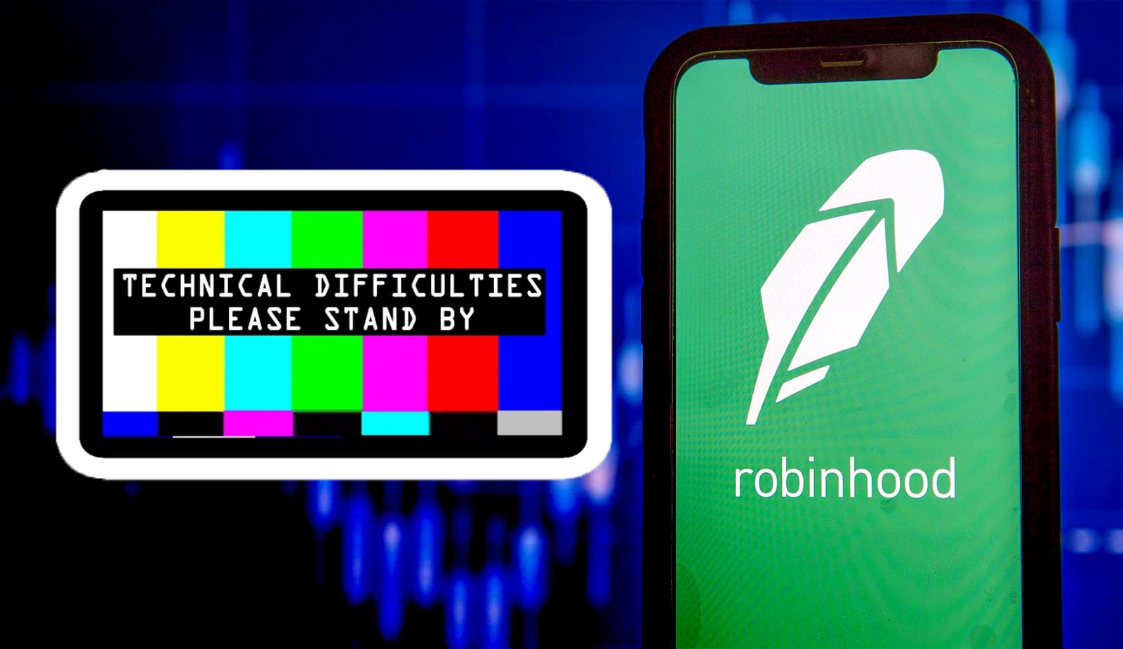 Robinhood выплатит клиентам $9,9 млн по делу о систематических сбоях в приложении. Заглавный коллаж новости.