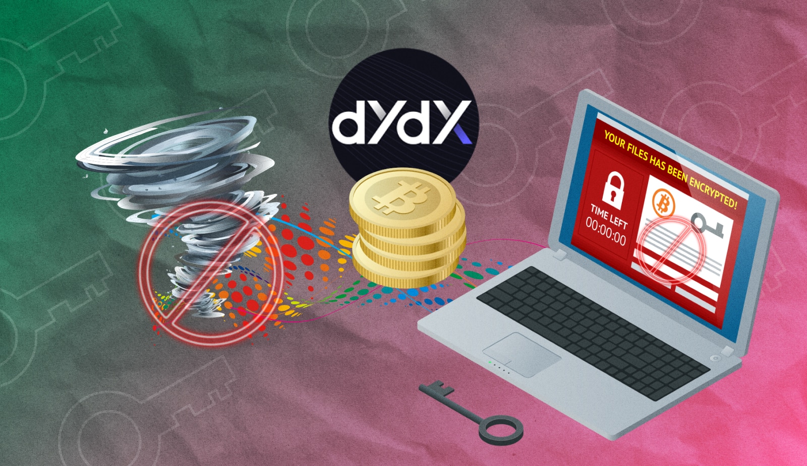 Биржа dYdX заблокировала аккаунты, связанные с Tornado Cash. Заглавный коллаж новости.