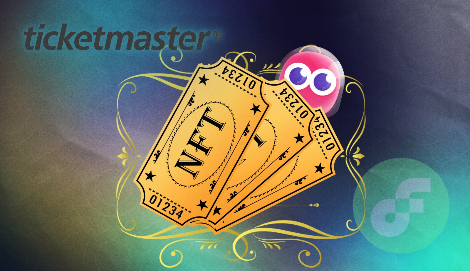 Ticketmaster и блокчейн Flow объявили о партнерстве для выпуска памятных NFT. Заглавный коллаж новости.