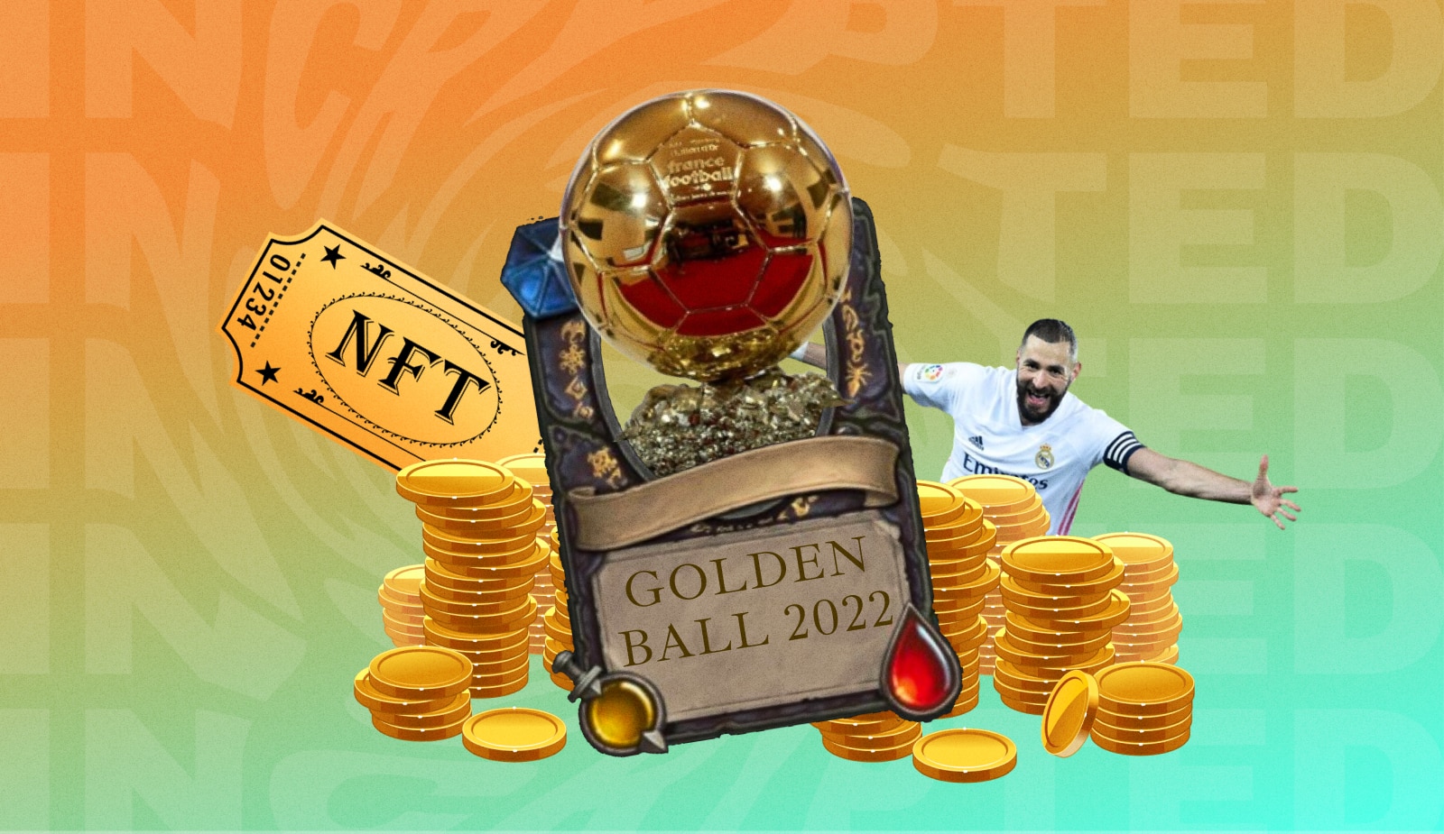 Карим Бензема получил памятный NFT к Золотому мячу 2022. Заглавный коллаж новости.