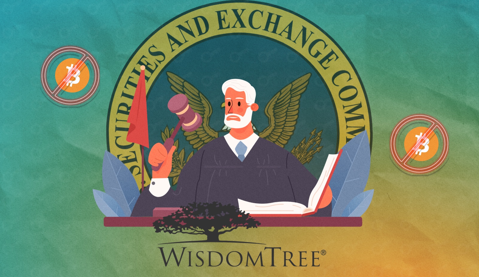 SEC відхилила заявку WisdomTree на випуск біткоїн-ETF. Знову. Головний колаж новини.