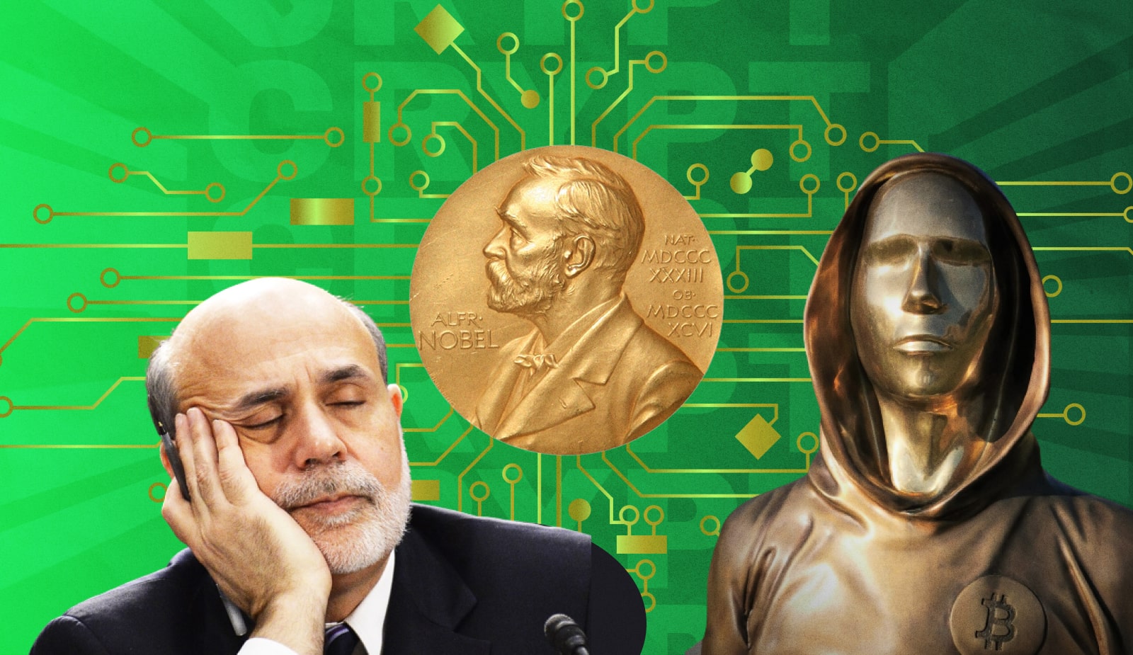 Почему Нобелевскую премию по экономике получил Бернанке? Фаны голосуют за Накамото. Заглавный коллаж новости.