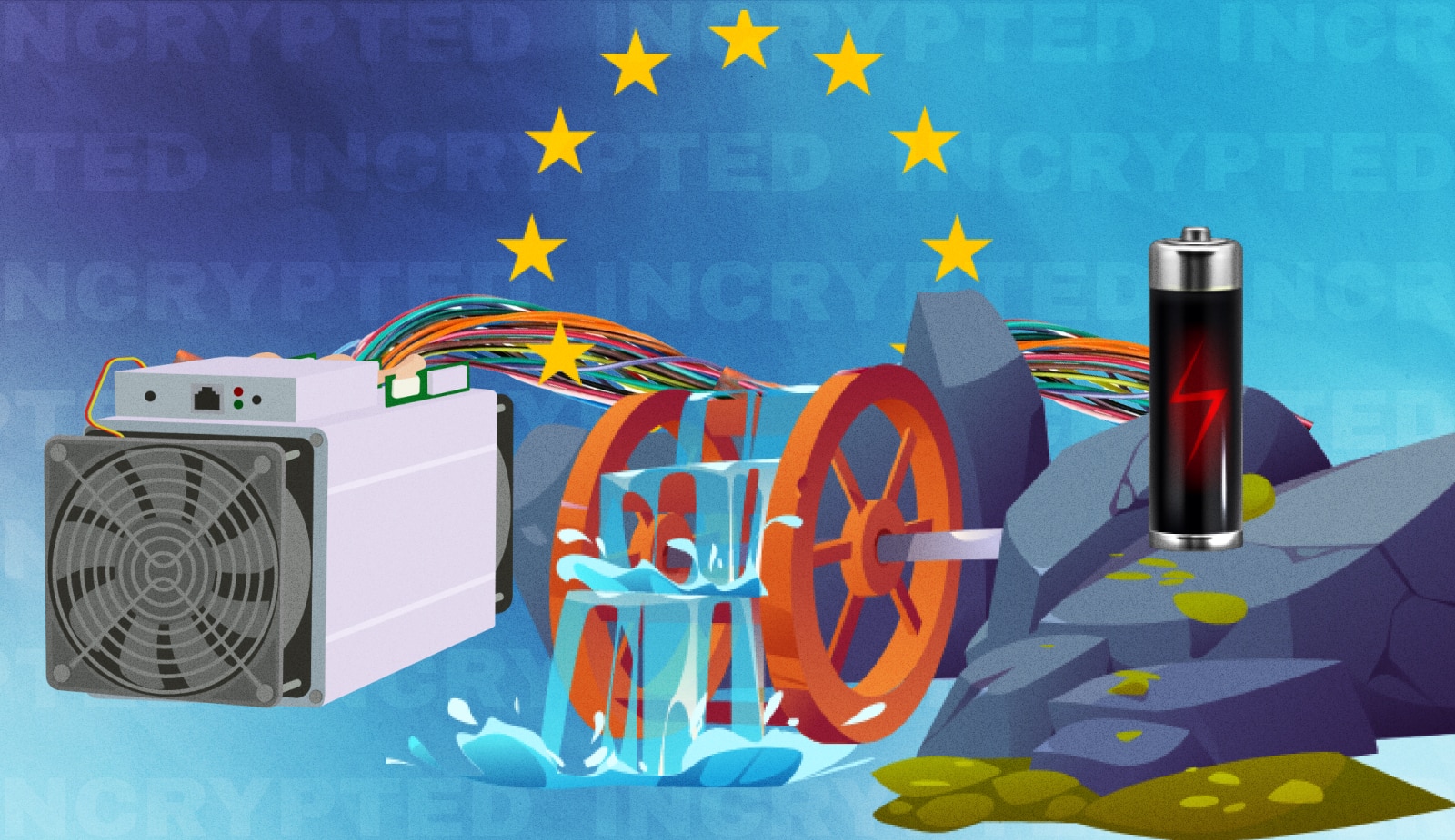 Еврокомиссия предупредила о возможной приостановке майнинга в ЕС. Заглавный коллаж новости.