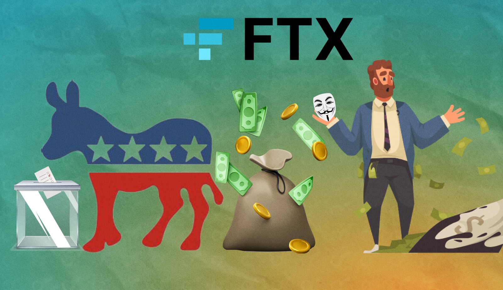 Исполнительный директор FTX тайно перевел демократам полмиллиона долларов. Заглавный коллаж новости.