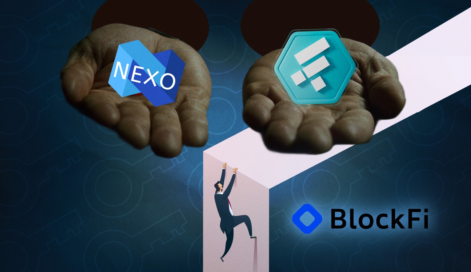 В июле Nexo хотела приобрести BlockFi по цене $850 млн. Заглавный коллаж новости.