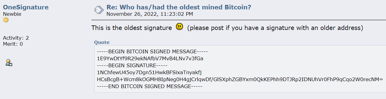 Пользователи форума bitcointalk.org обнаружили самую старую подпись