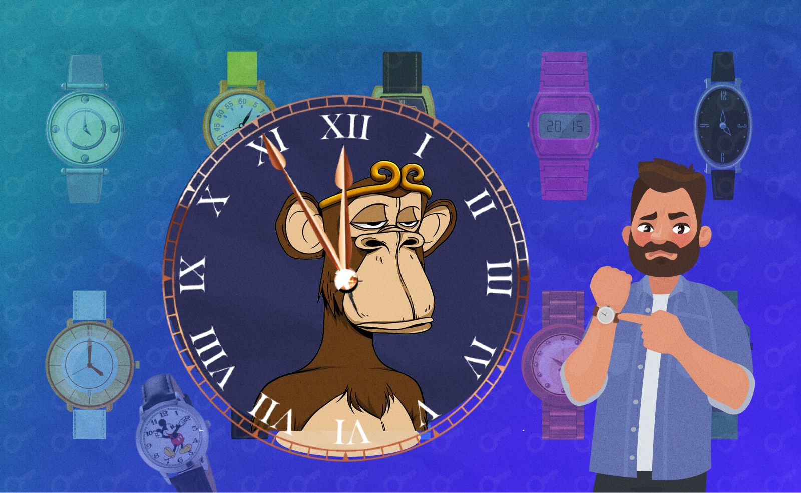 TIMEX изготовит эксклюзивные часы для владельцев Bored Ape. Заглавный коллаж новости.