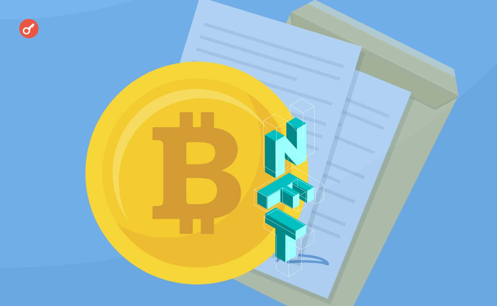 NFT на блокчейне Bitcoin начали принимать как залог по кредиту. Заглавный коллаж новости.