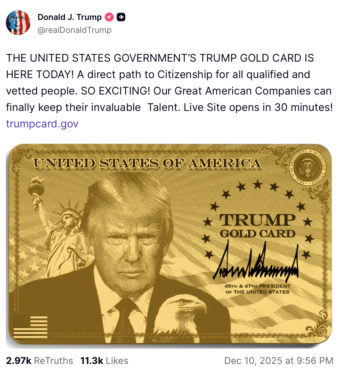Trump Announced the Launch of the Trump Gold Card