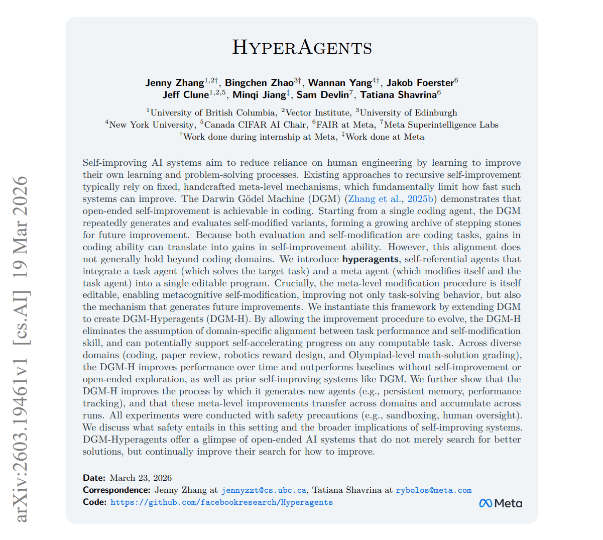 Научная документация проекта HyperAgents. Данные: Meta AI.